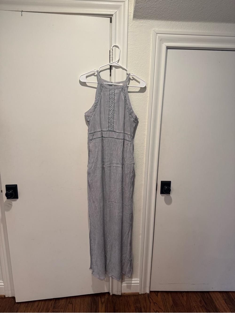 Altar'd State Light Gray Halter Maxi Dress with Crochet Trim
